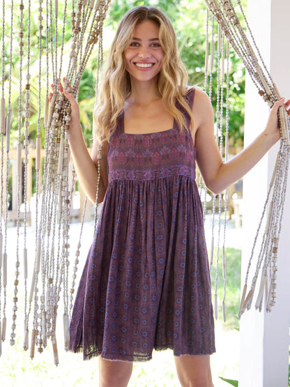 Tricia Reversible Cotton Gauze Dress - Medallion Eggplant Sunburst