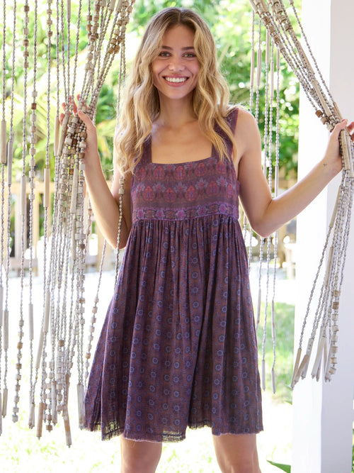 Tricia Reversible Cotton Gauze Dress - Medallion Eggplant Sunburst