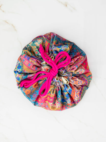 Drawstring Velvet Cosmetic Pouch - Folk Flower