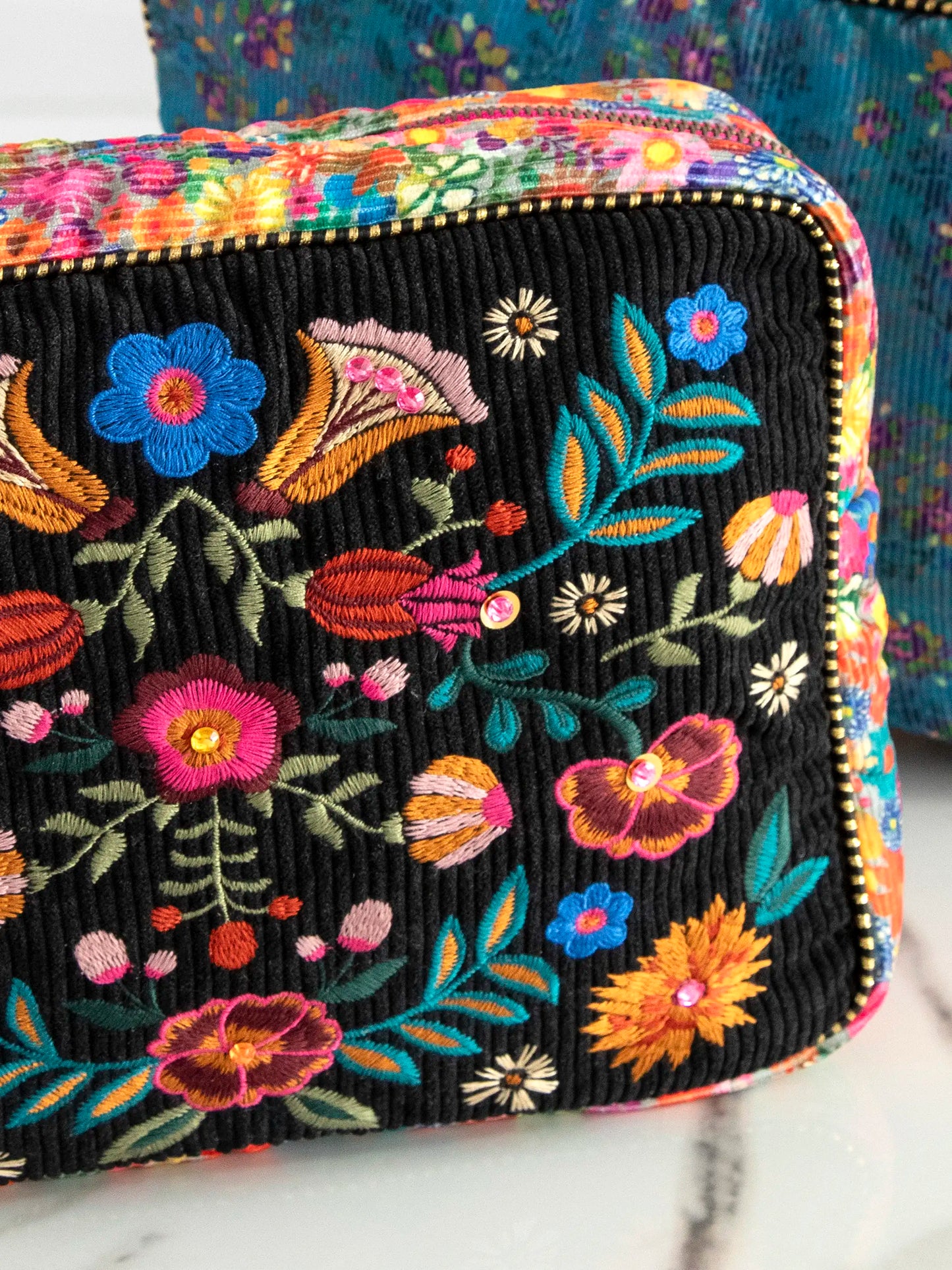 Embroidered Corduroy Cosmetic Pouch - Black Folk Flower