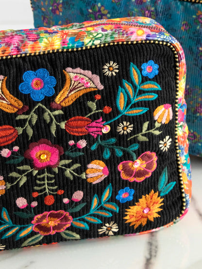 Embroidered Corduroy Cosmetic Pouch - Black Folk Flower