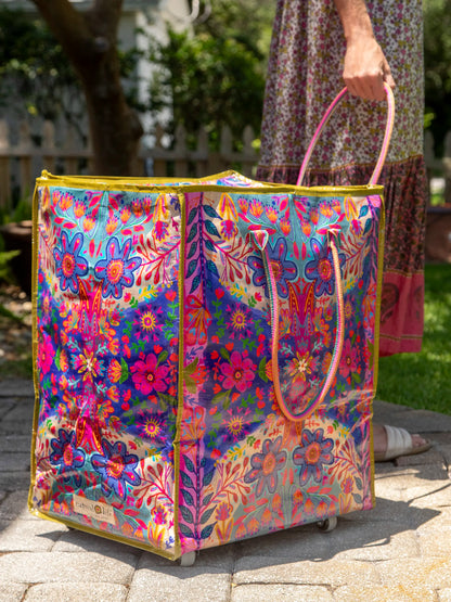 Rolling Tote Bag - XL Royal Blue Folk Flower