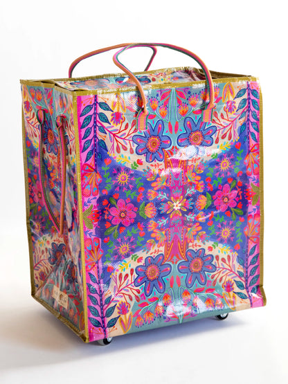 XL Rolling Tote Bag - Royal Blue Folk Flower