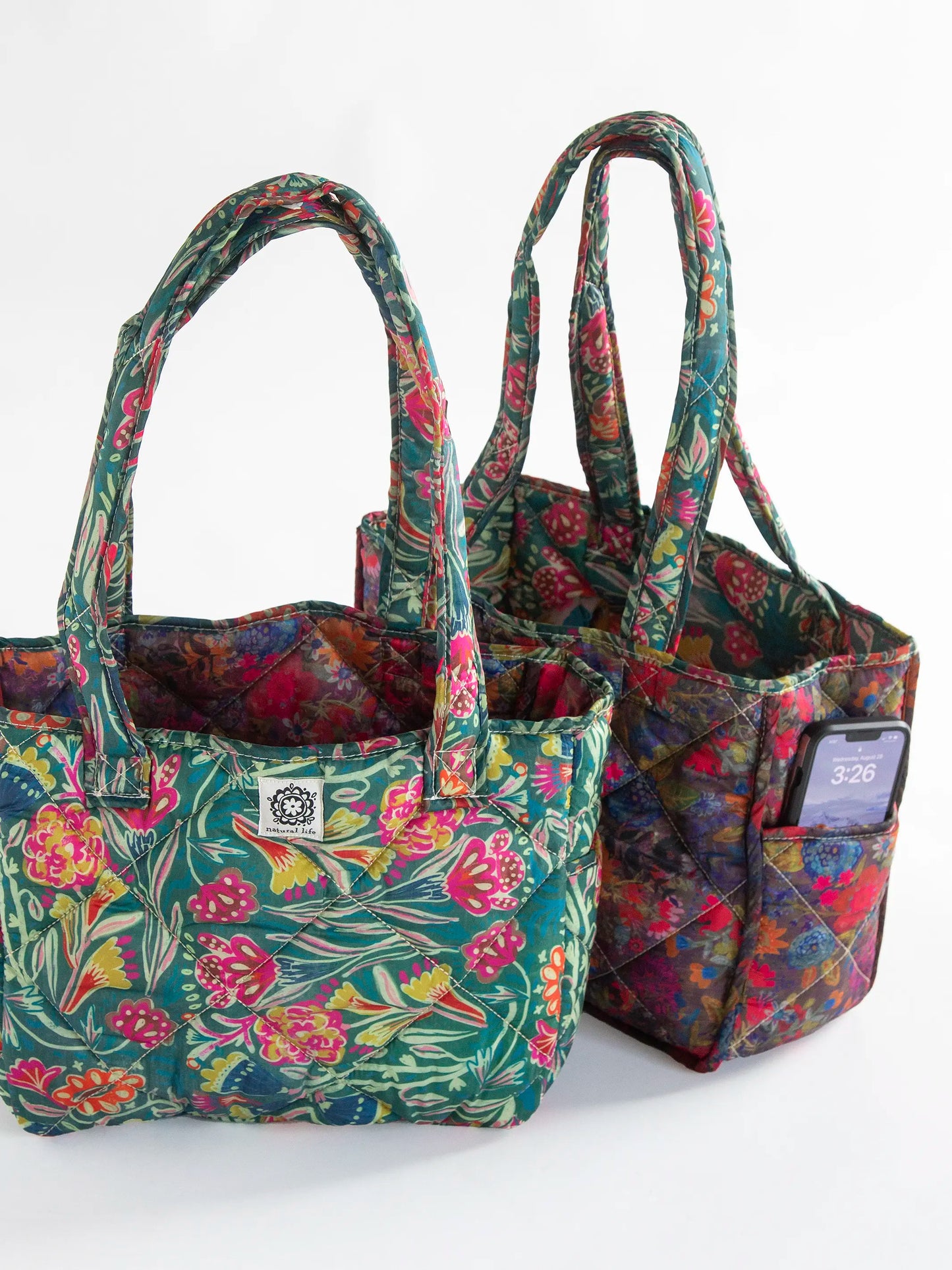 Reversible Puffy Tote Bag - Medium Green Lined Floral