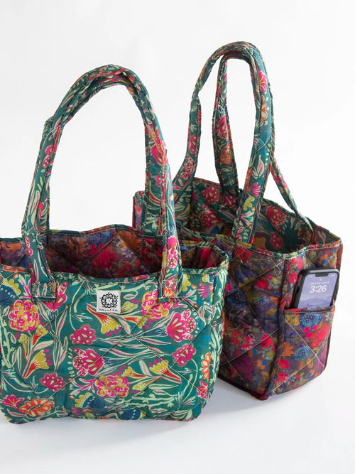 Reversible Puffy Tote Bag - Medium Green Lined Floral