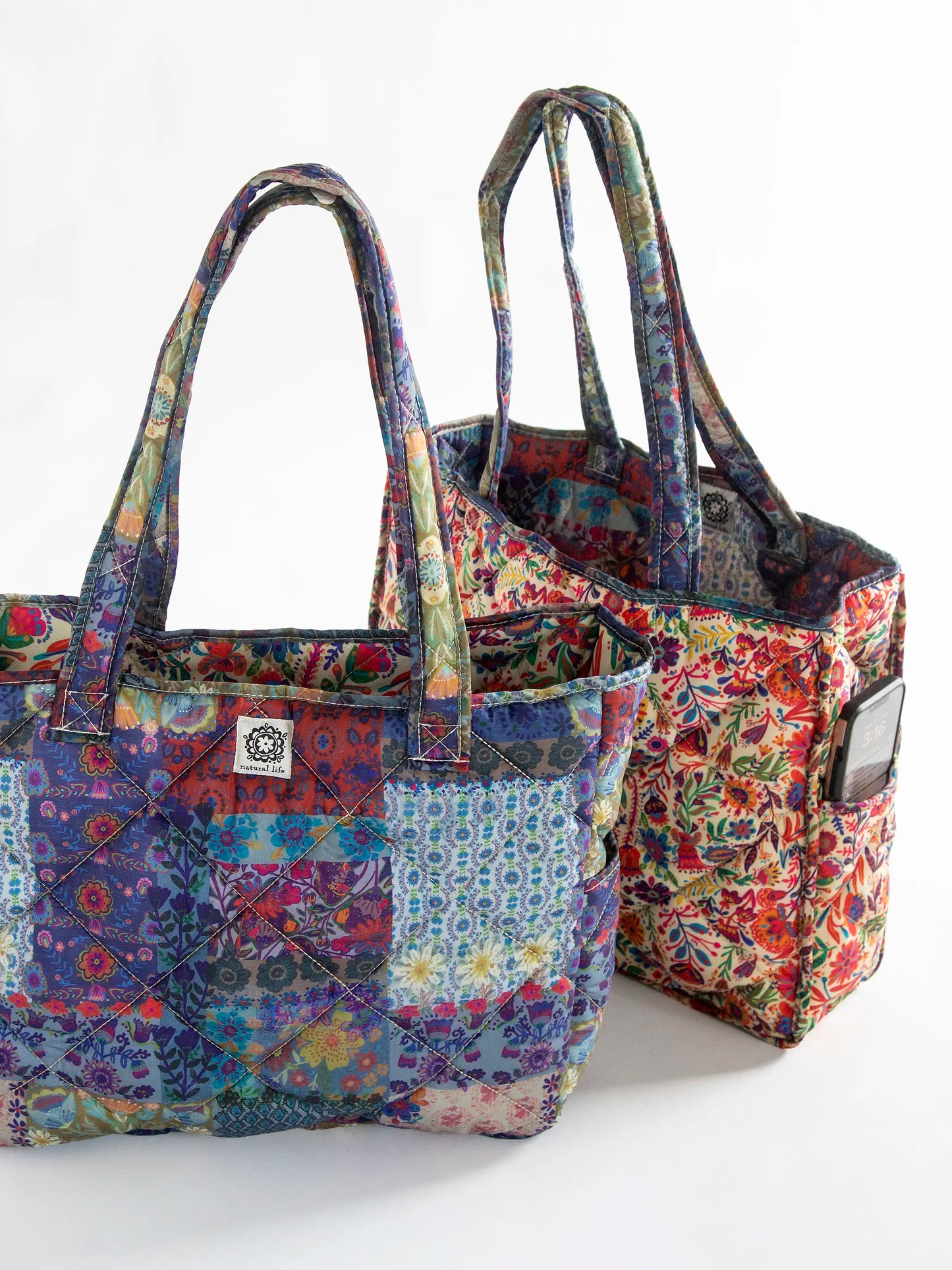 Reversible Puffy Tote Bag - Large Mandala Borders Patchwork