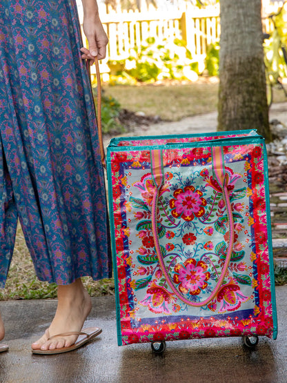Rolling Tote Bag - Red Folk Flower