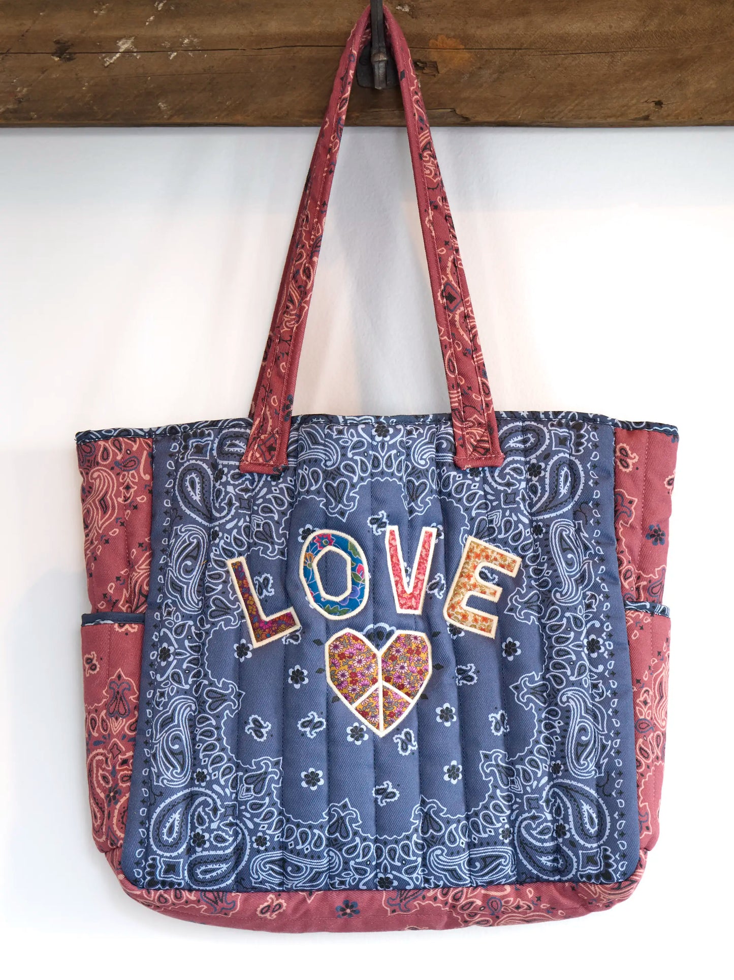 Quilted Applique Love Tote Bag - Blue Classic Bandana