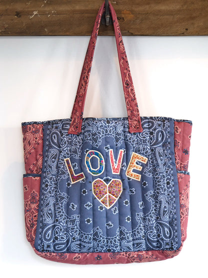 Quilted Applique Love Tote Bag - Blue Classic Bandana