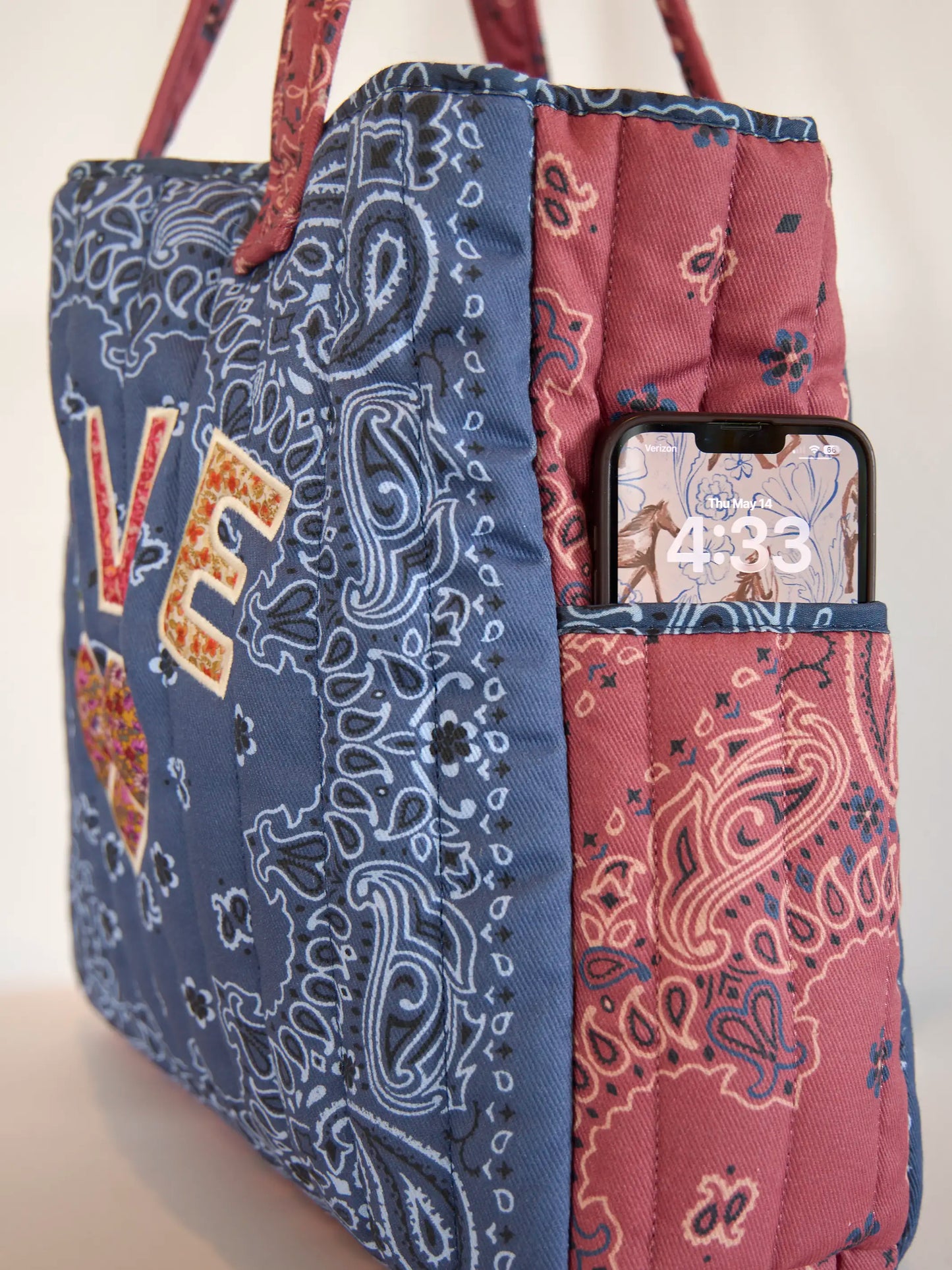 Quilted Applique Love Tote Bag - Blue Classic Bandana