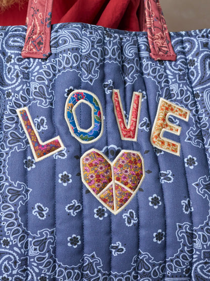 Quilted Applique Love Tote Bag - Blue Classic Bandana