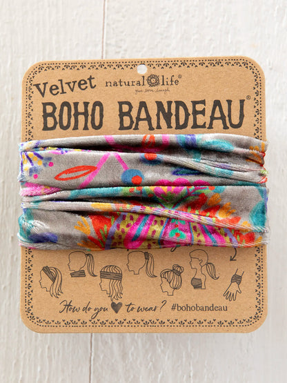 Velvet Boho Bandeau® Headband - Black Printed Folk Cream