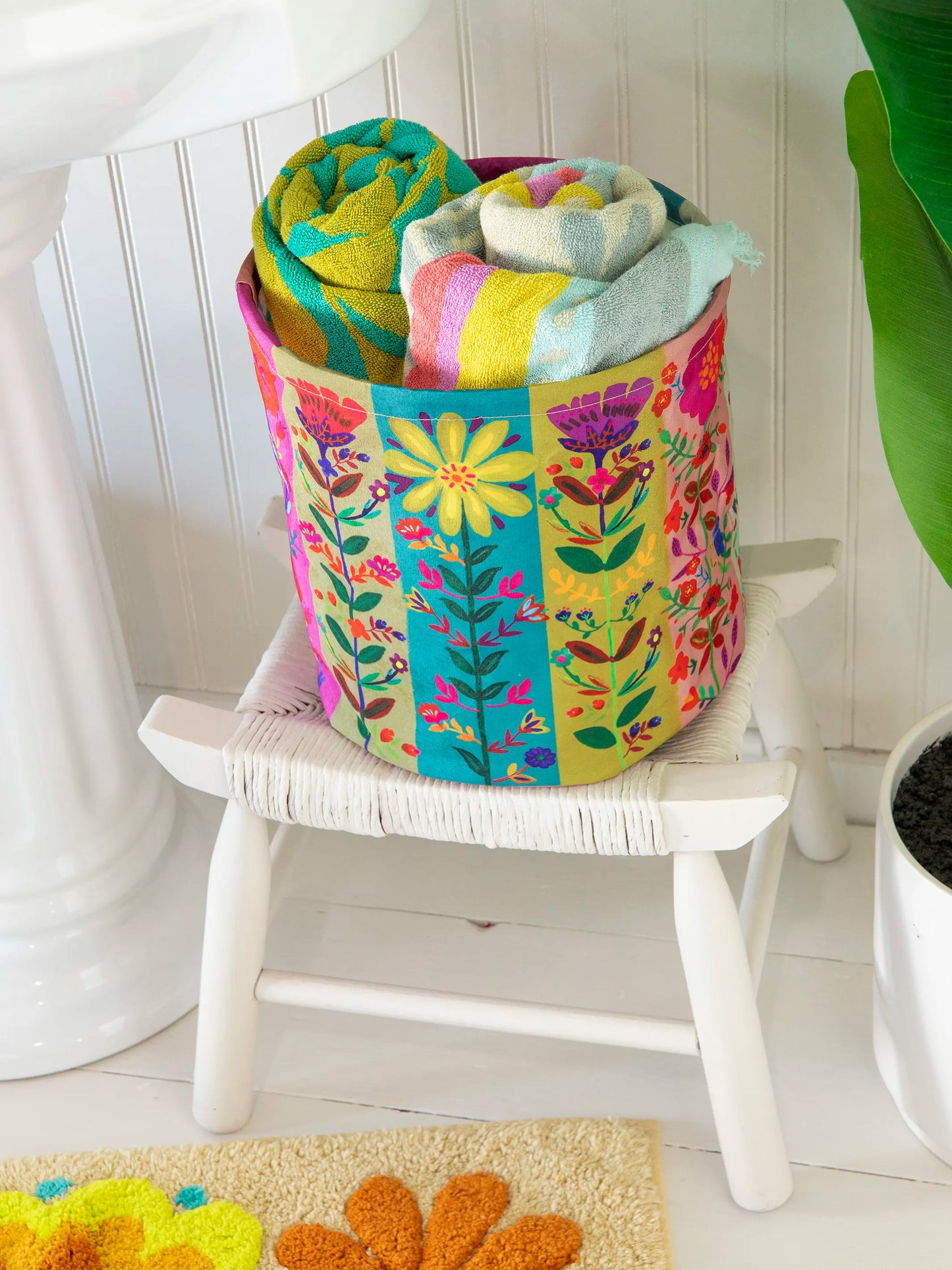 Collapsible Trash / Storage Bin - Teal Folk Flower