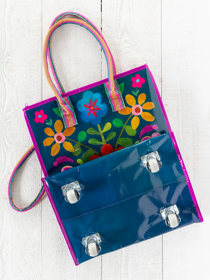 Rolling Tote Bag - Teal Folk Flower