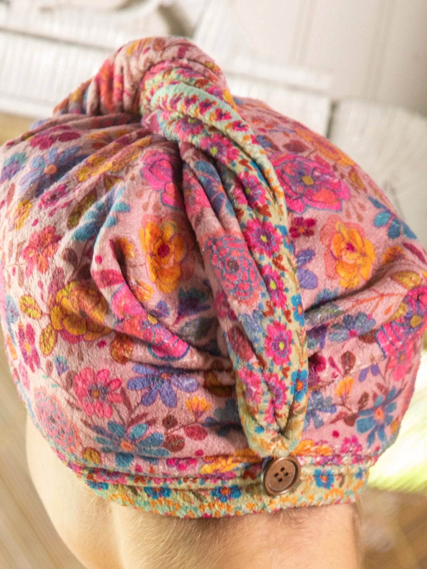Microfiber Hair Towel Wrap - Rose Pink Green Floral