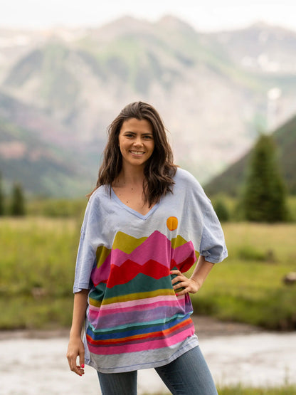 One Size Cotton Easy V-Neck Tee - Periwinkle Mountain Range