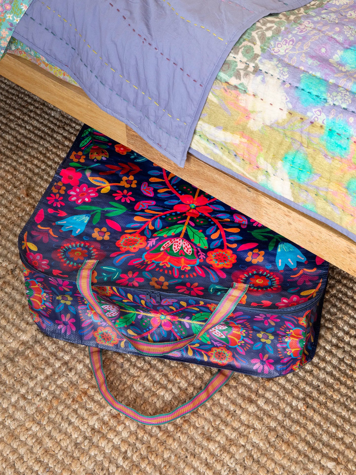 XL Zip Tote Bag - Indigo Folk Flower