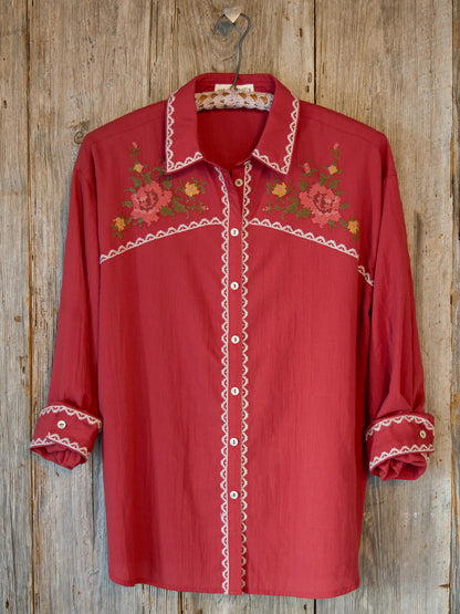 Round Top Embroidered Button Down - Red Clay