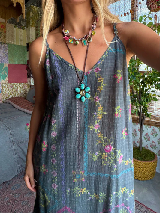 Gracie Slip Maxi Dress - Heirloom Cross Stitch Charcoal