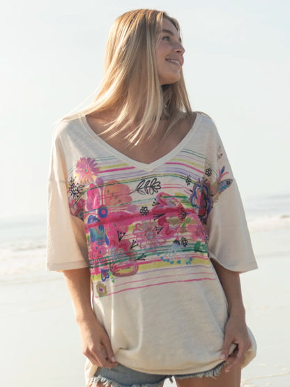 One Size Cotton Easy V-Neck Tee - Cream Flower Bouquet