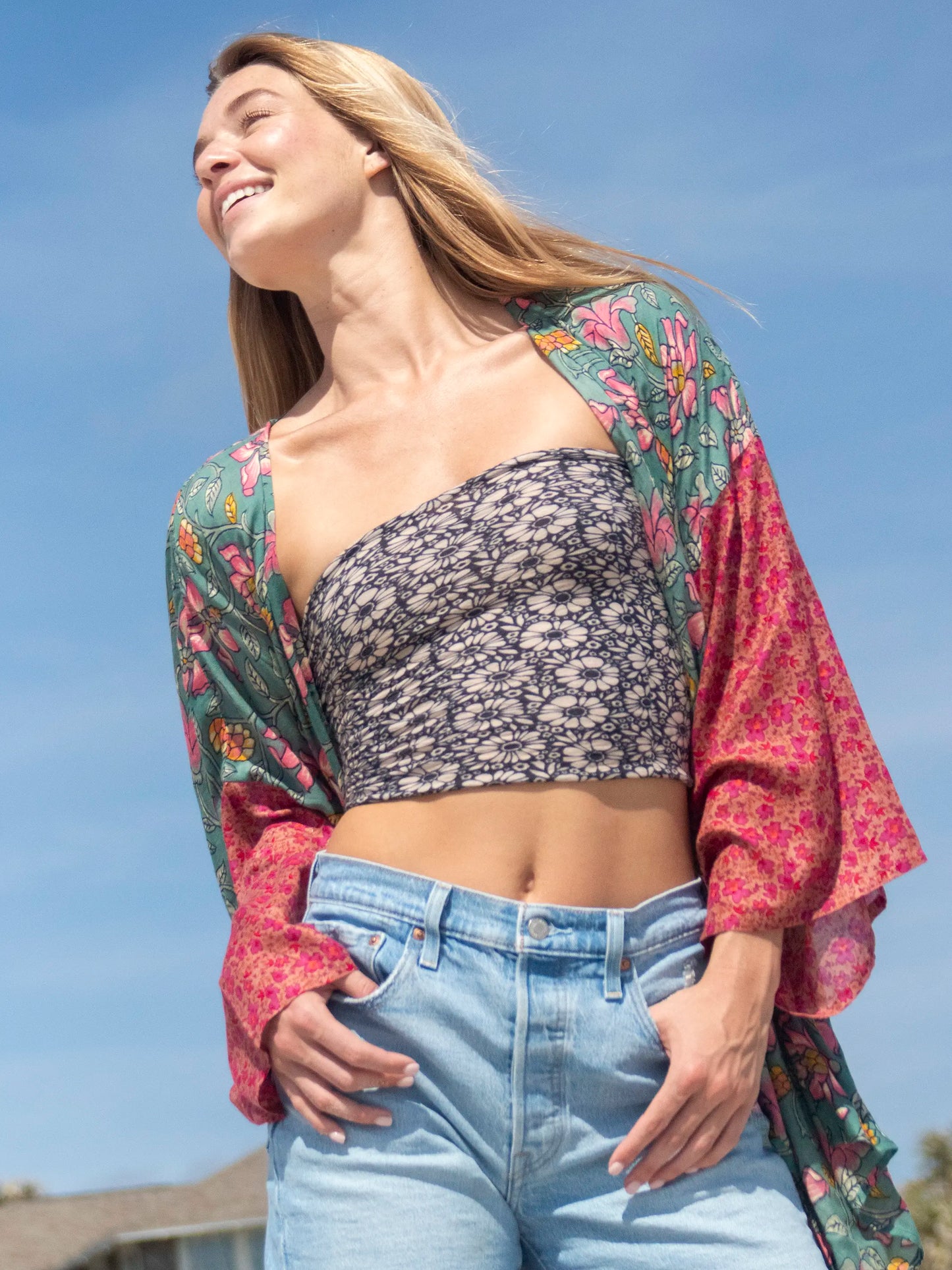 Sierra Mixed Print Kimono - Pink Lilies Mix Floral