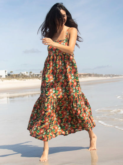 Mia Tie-Back Maxi Dress - Orange Floral Blooms