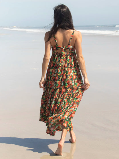 Mia Tie-Back Maxi Dress - Orange Floral Blooms