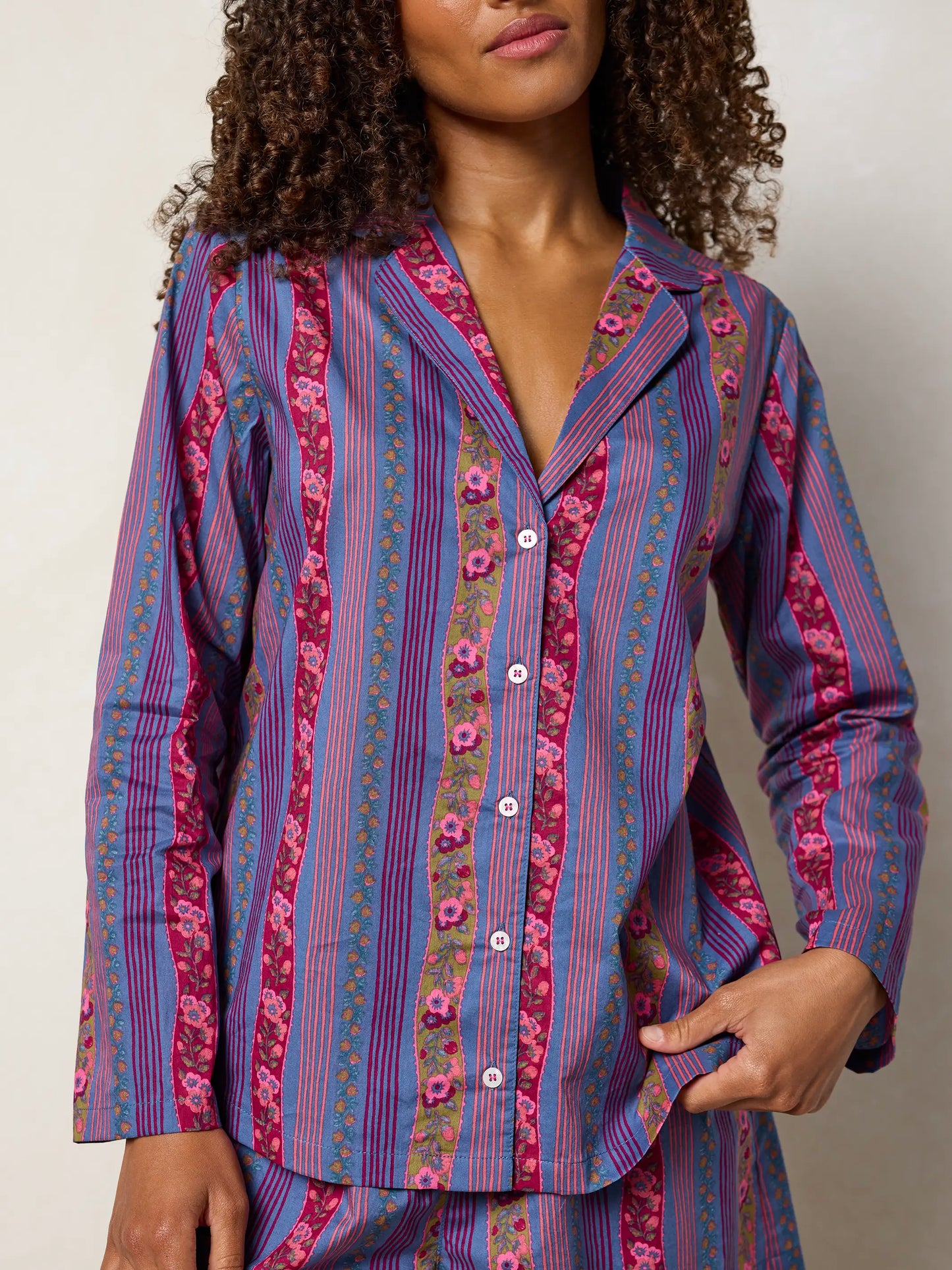 Mix & Match Cotton Long Sleeve Pajama Top - Retro Ribbons Navy
