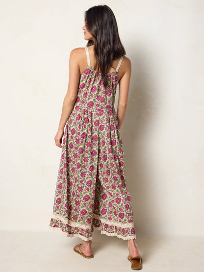 Cotton & Lace Jumpsuit - Cream Red Lotus