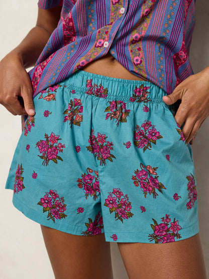 Mix & Match Cotton Pajama Shorts - Flower Picking Teal