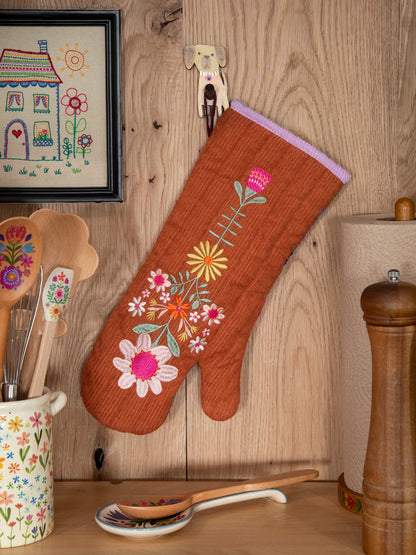 Bake Happy Double-Sided Oven Mitt - Rust Folk Flower