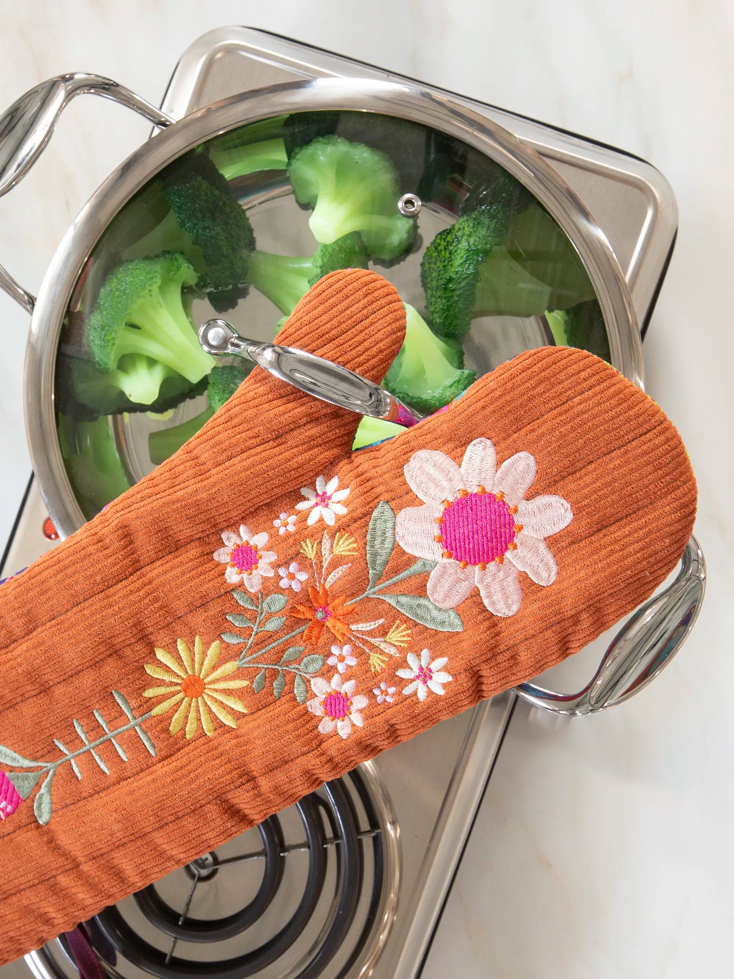 Bake Happy Double-Sided Oven Mitt - Rust Folk Flower
