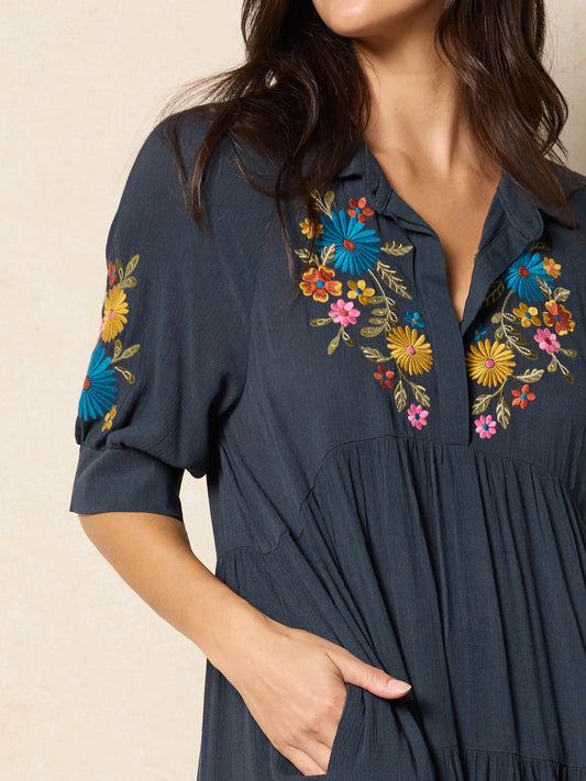 Rebecca Embroidered Midi Dress - Charcoal