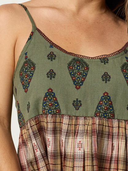 Gigi Mini Dress - Tan Plaid Green Medallion