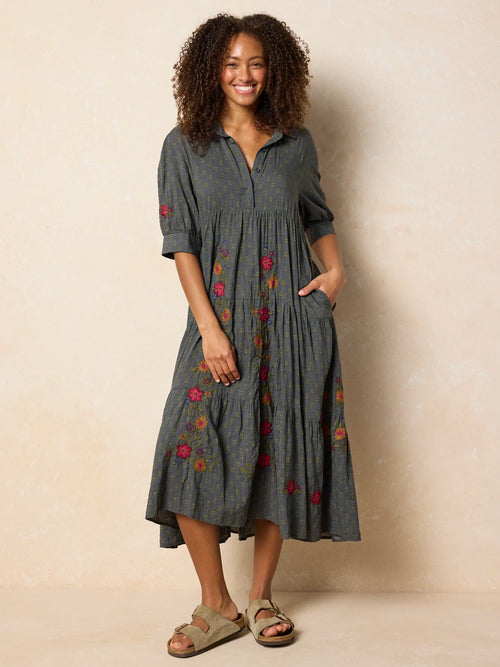 Rebecca Embroidered Midi Dress - Alma Stamp Charcoal