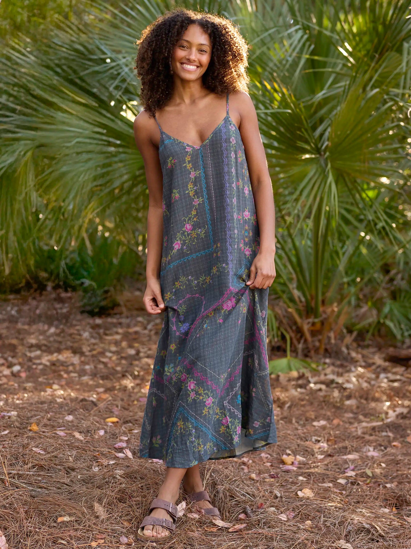 Gracie Slip Maxi Dress - Heirloom Cross Stitch Charcoal