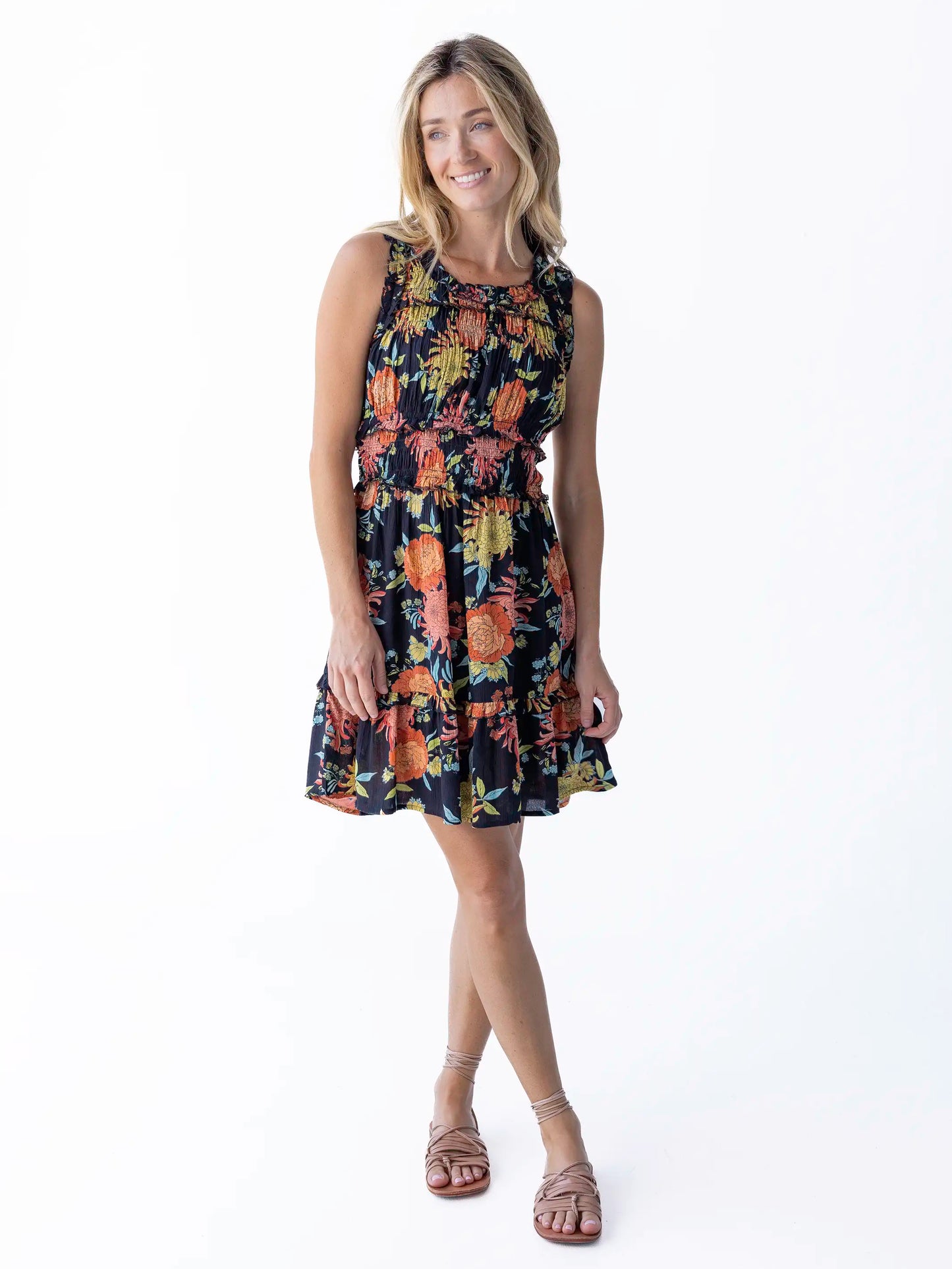 Elsie Ruffle Mini Dress - Black Marigold Floral