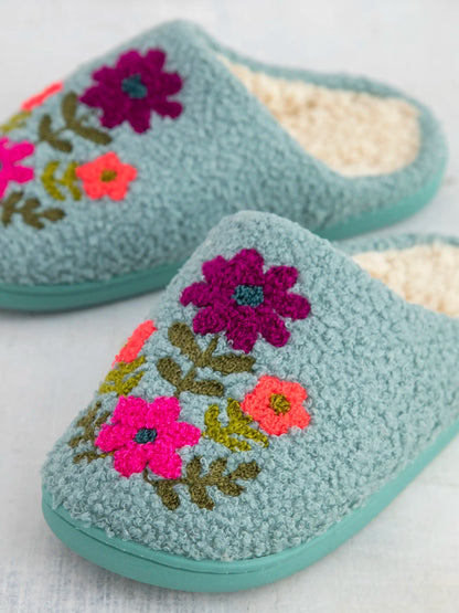 Icon Sherpa Slippers - Dusty Blue Folk Flower