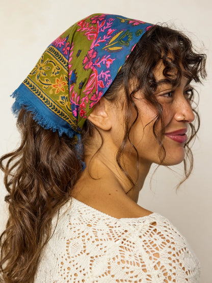 Printed Cotton Bandana - Moss Spring Scarf