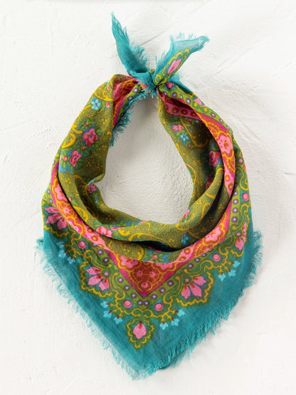 Printed Cotton Bandana - Teal Filigree Scarf
