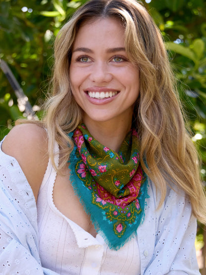 Printed Cotton Bandana - Teal Filigree Scarf