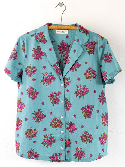 Mix & Match Cotton Short Sleeve Pajama Top - Flower Picking Teal