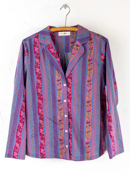 Mix & Match Cotton Long Sleeve Pajama Top - Retro Ribbons Navy