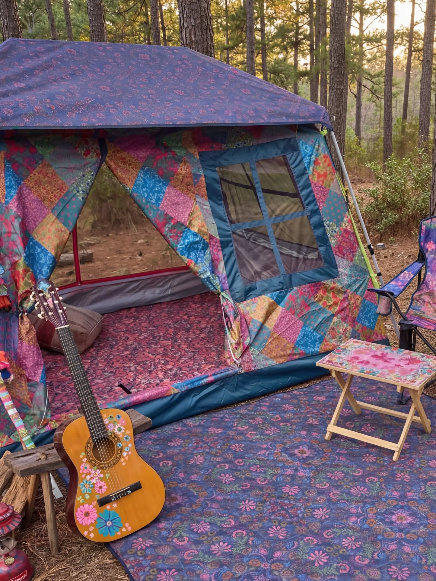 Live Happy Camping Tent - Bright Patchwork Zinnias