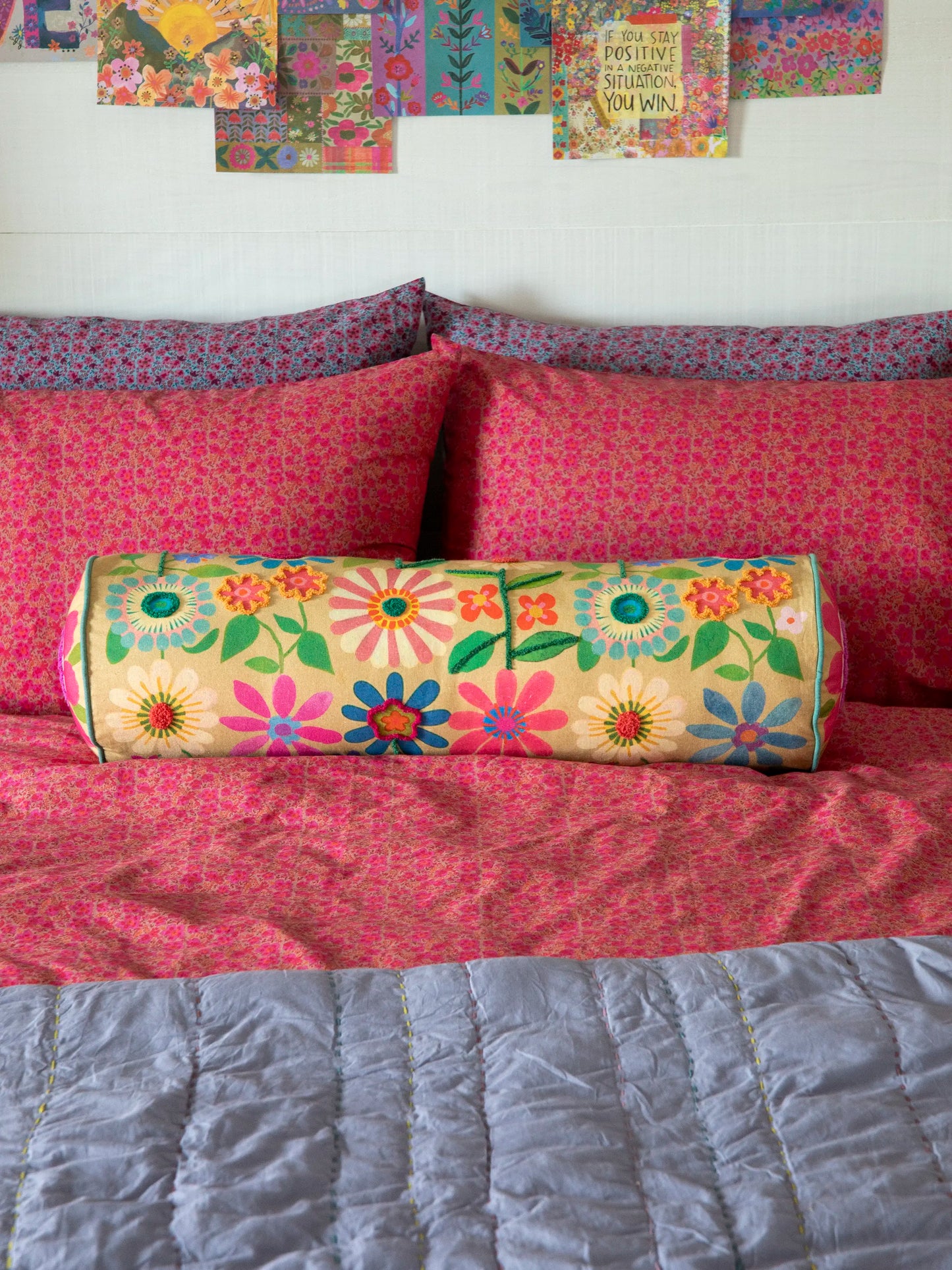 Tufted Bolster Pillow - Folk Flower