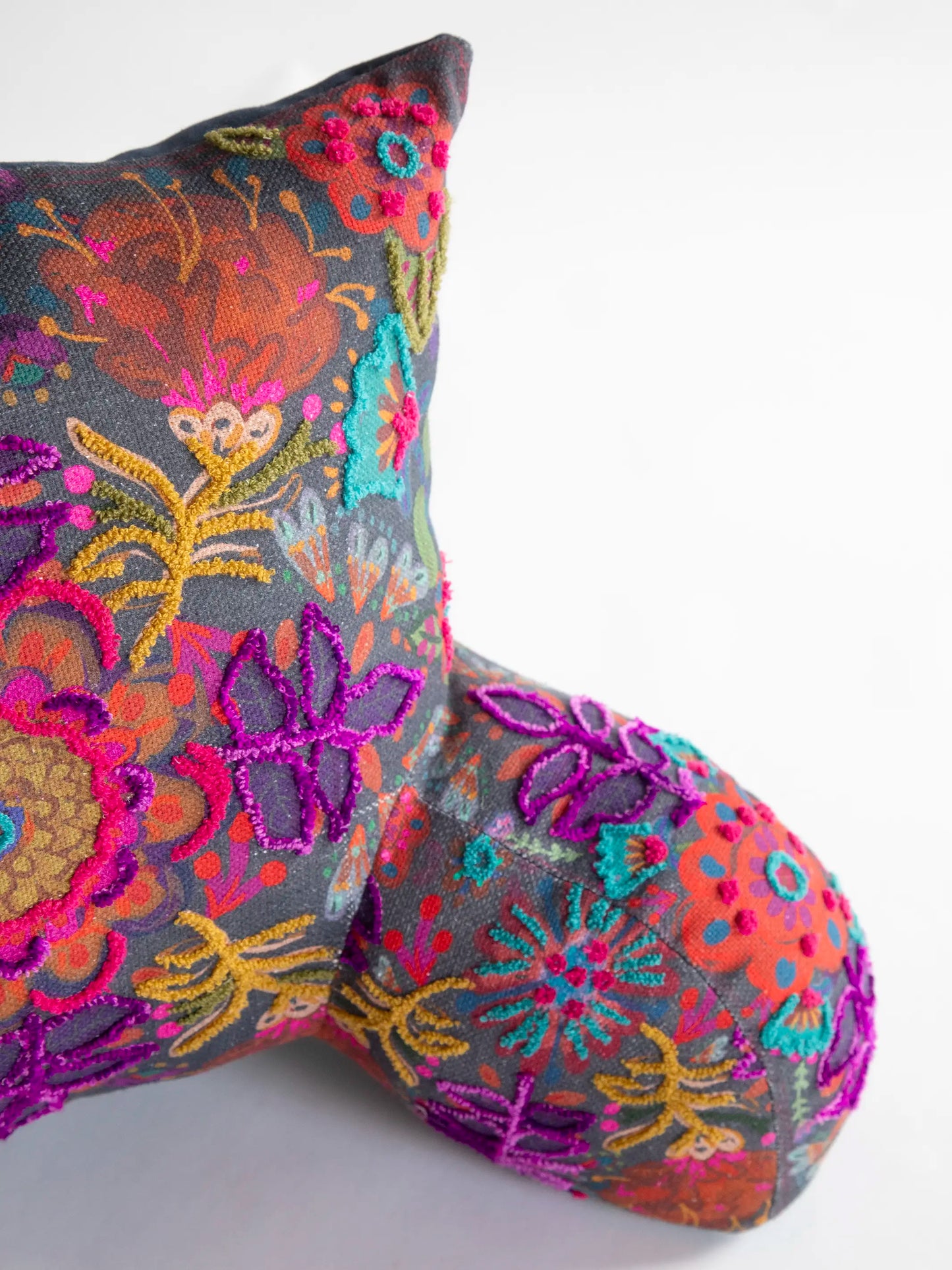 Tufted Backrest Pillow - Charcoal Folk Flower