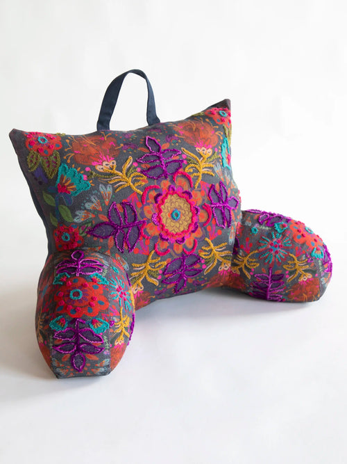 Tufted Backrest Pillow - Charcoal Folk Flower