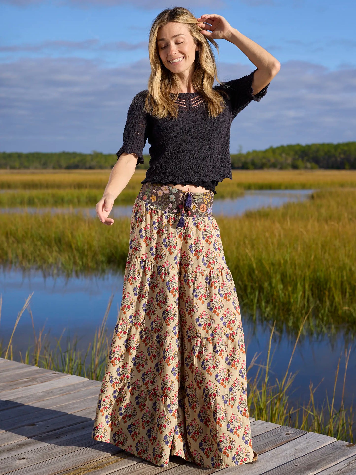 Cami Tie-Front Palazzo Pants - Ditsy Diamonds Cream
