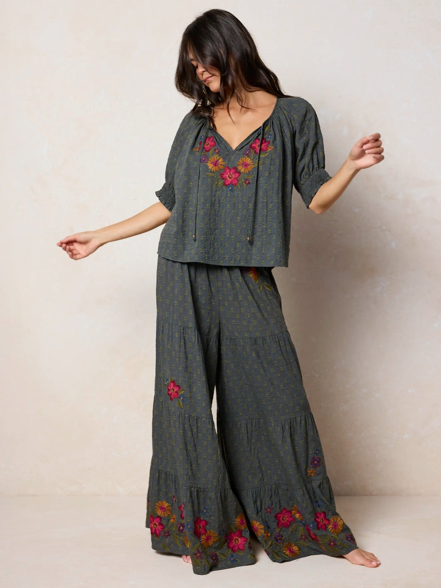 April Embroidered Top - Alma Stamp Charcoal