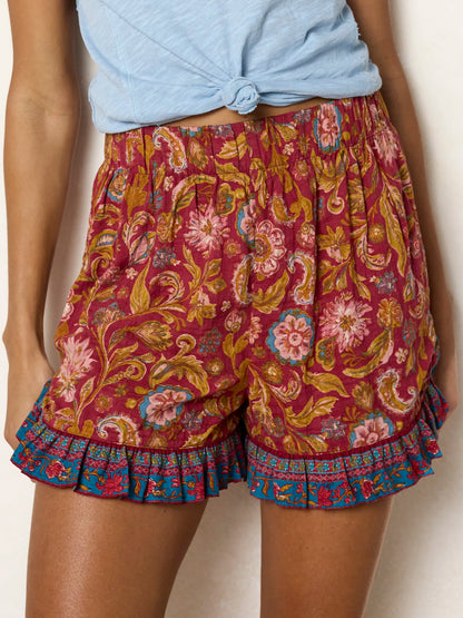 Get Up & Go Ruffle Shorts - Sunnyfield Floral Red